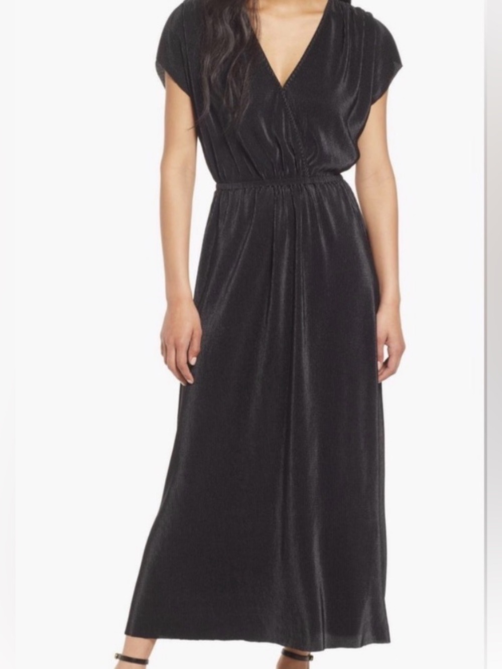 Floret Studios Black V-Neck Pleated Maxi Dress with Elastic Waist S